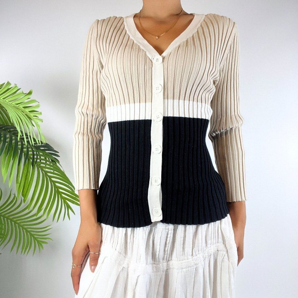 Vintage Y2K Classy Neutral Colorblock Ribbed Casual Button-Up Blouse / Size: L